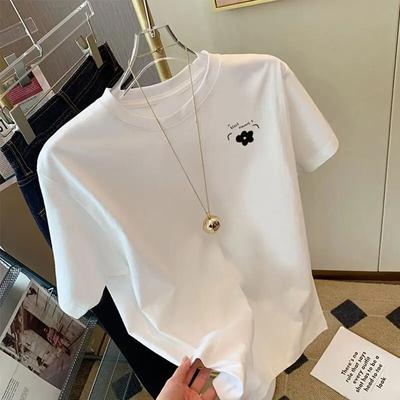 Белая футболка с короткими рукавами и цветочным принтом, летняя универсальная повседневная женская футболка, свободная футболка большого размера с круглым вырезом