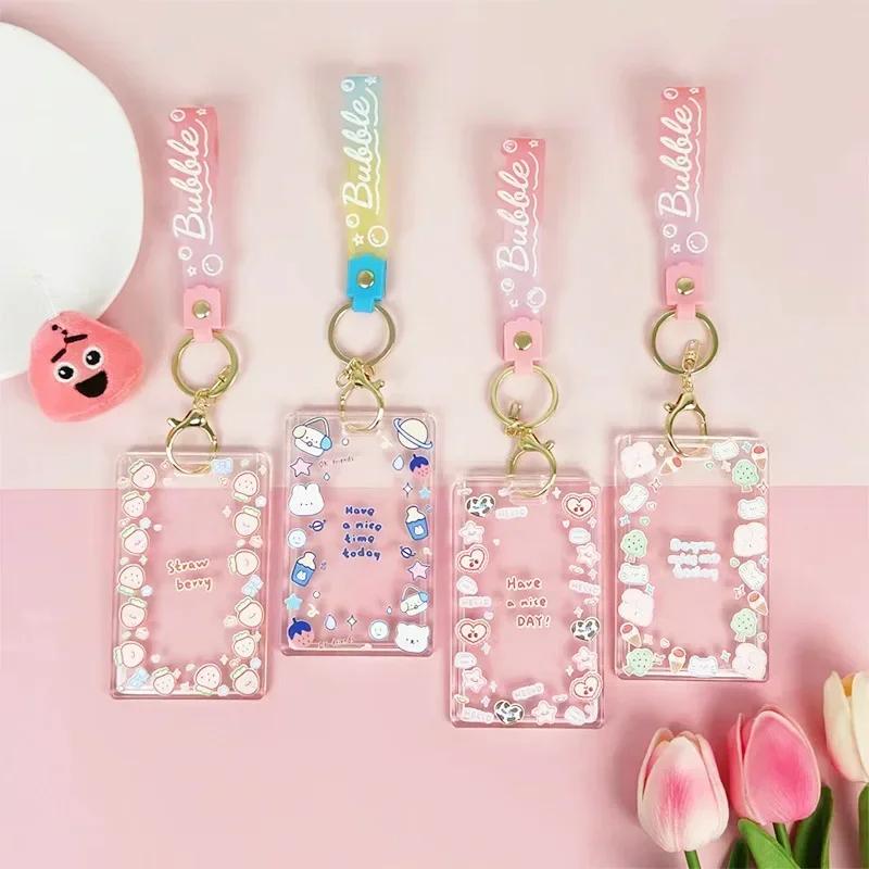 Милый прозрачный чехол для карты на шнурке, чехол для студенческой автобусной карты, чехол для мультяшной рабочей карты, держатель для кредитной карты с пружинным шнуром