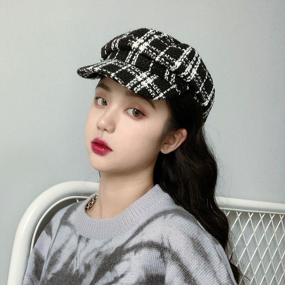 Для Девочек Корейский Стиль Осень Для Женщин Женщин Козырьки Кепка Шляпа Художника Восьмиугольная Кепка Клетчатый Берет