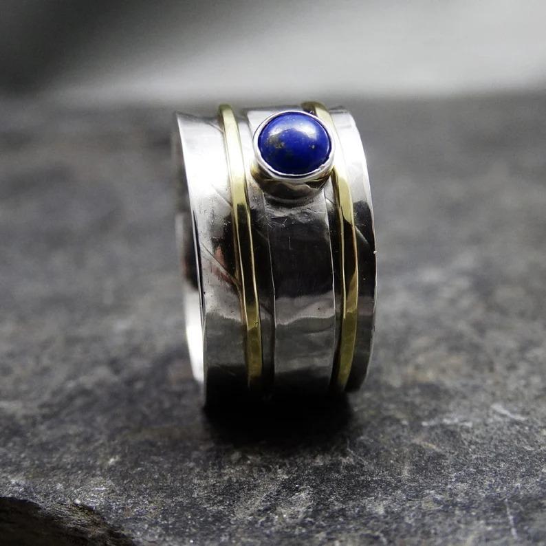 Серебряное кольцо для медитации с лазуритом и драгоценным камнем, кольцо из стерлингового серебра 925 пробы, кольцо с серебряной лентой, подарок для женщин, около 6,5 г