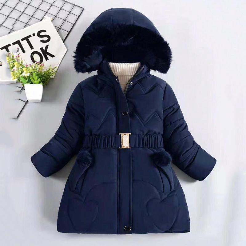 Winter Clothes Girls Medium To Long Length Coat Kids Snow Puffer Jacket Hooded Warm with Waist Belt and Pockets