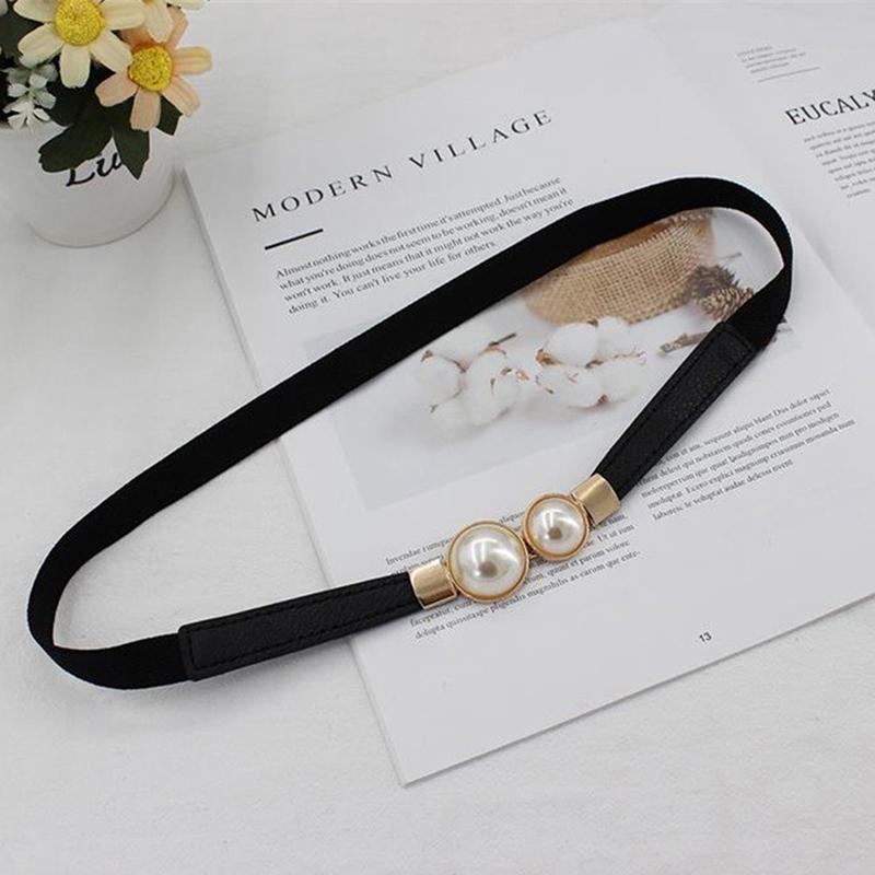Women Double Pearl Belt Pu Leather Dress Skirt Waist Elastic Thin Belts