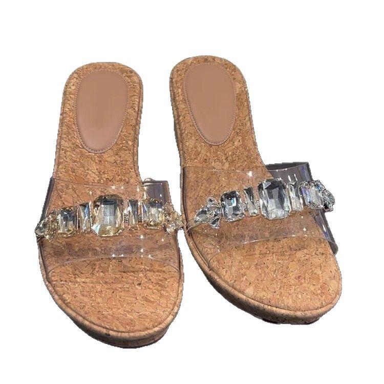 Beautiful Version of One-word Transparent Slope Heel Cool Slippers Women's 2025 New Summer Platform Slippers Wearing Beach Shoes