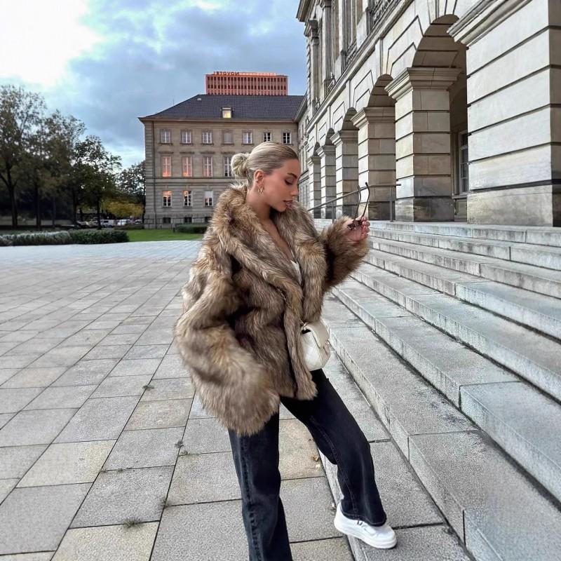 Short Faux Fur Coat Women Loose Warm Street Style Collared With Trim