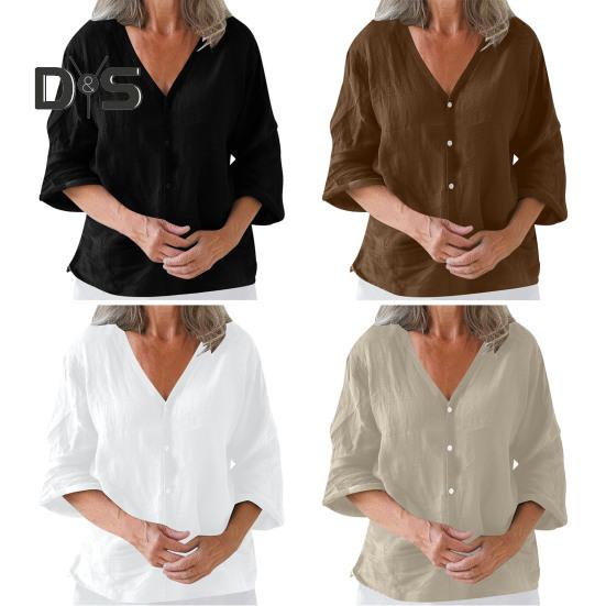 Женская рубашка свободного кроя с V-образным вырезом и рукавом 3/4, летняя застежка на пуговицы, однотонная повседневная футболка на каждый день
