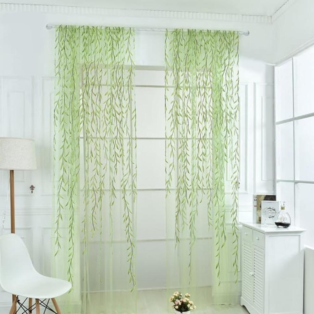 2 Pieces Voile Tulle Willow Leaf Window Curtain Room Salix Leaf Sheer Vine Drapes Curtain Willow Leaf Curtain for Living Room Bedroom Balcony