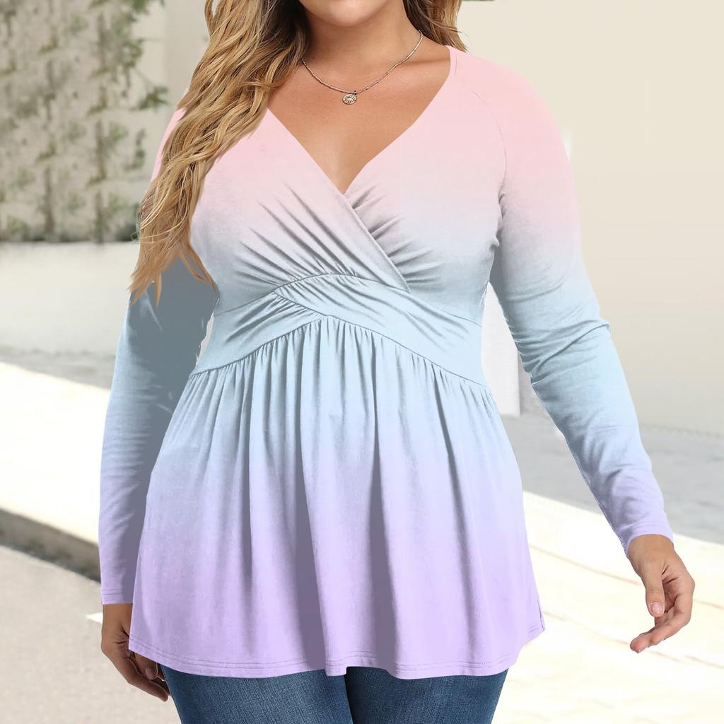 Женская рубашка большого размера с длинным рукавом, принт, плиссированный повседневный топ с V-образным вырезом