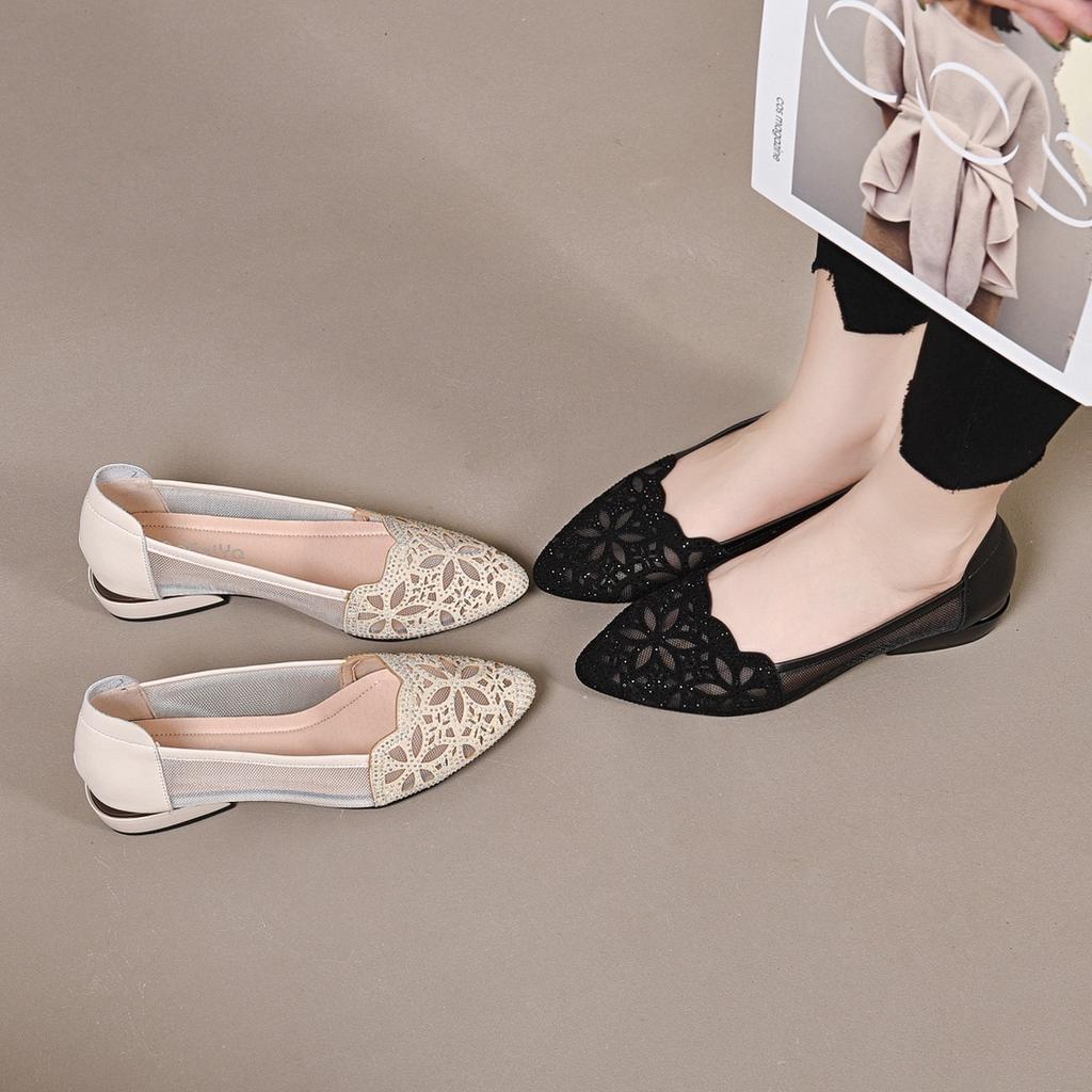 Hollow Out Sparkling Diamond Pointed Shoes for Women Spring and Summer Shoes with Thick Heels and Soft Soles Single Shoes