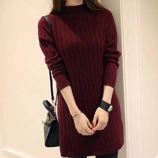 Женское зимне-осеннее трикотажное платье с высоким воротником, вязаный топ, однотонная юбка-свитер, утолщенная