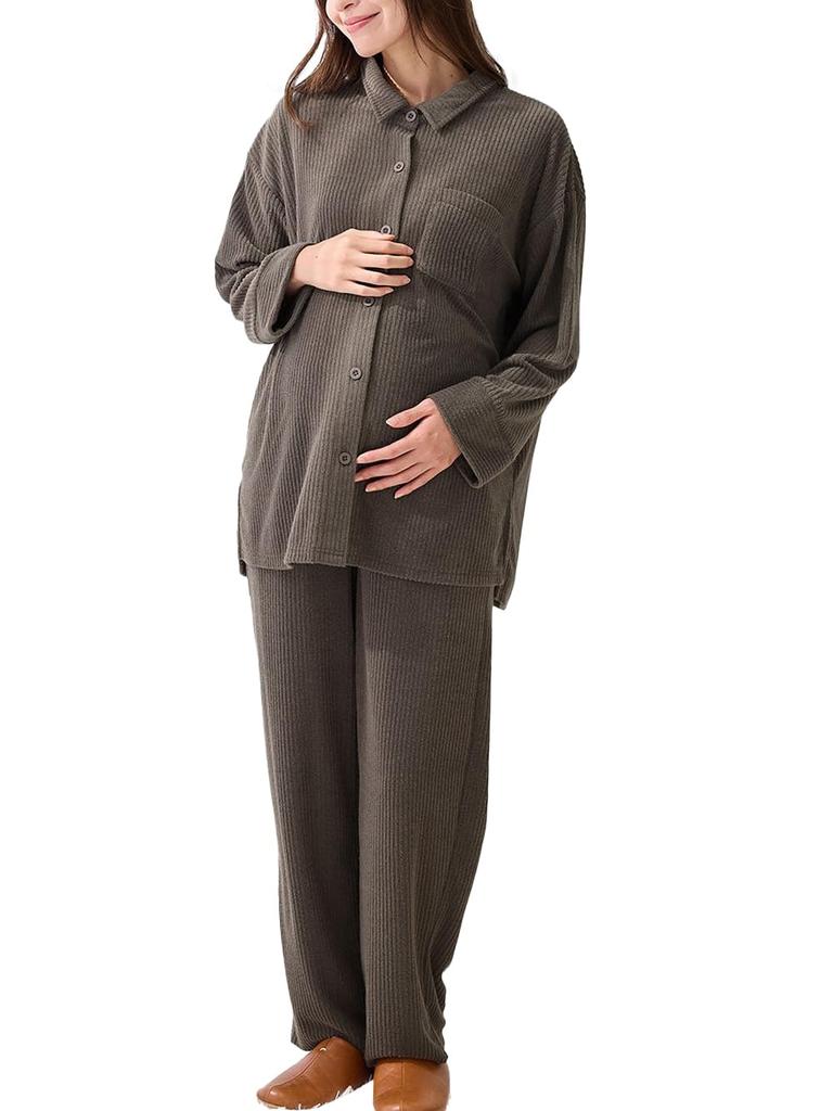 Maternity Open Front Pajamas Cotton Blend Pile Ribbed Long Sleeve Shirt Pants Top and Bottom Set Preparation for Birth L Charcoal [ANGELIEBE] &