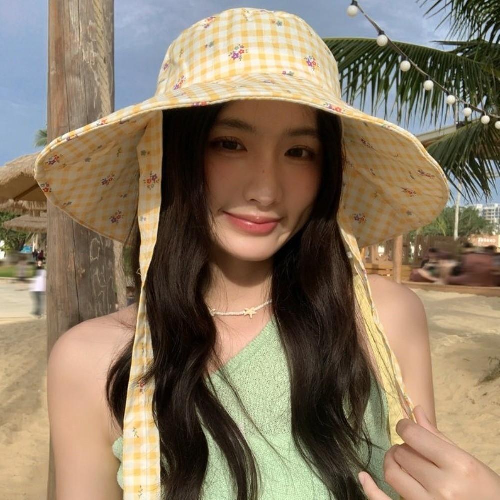 Wide-edged Bucket Hat Lace-up Sunscreen Hat Sweet Summer Cap  Women