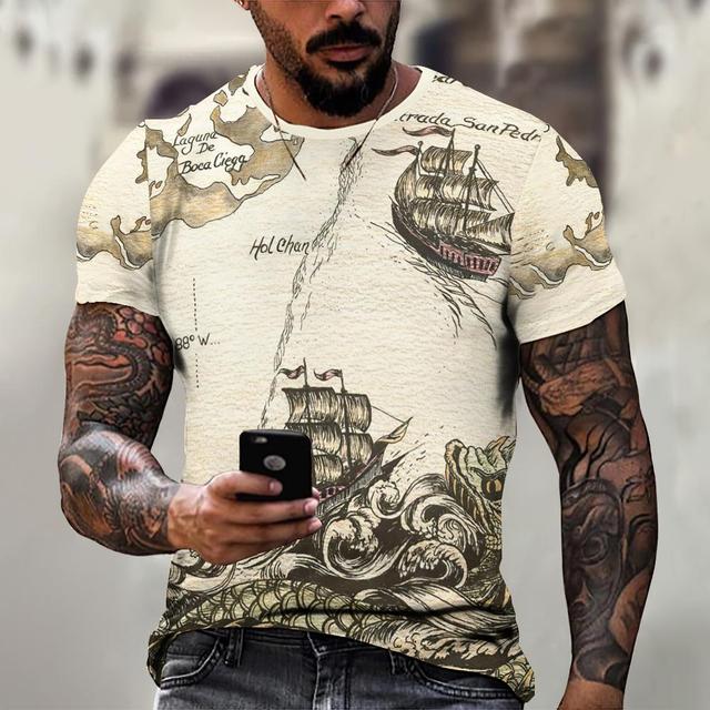 Винтажная мужская футболка, рубашка с изображением корабля, топы с принтом компаса, футболки с короткими рукавами, свободная повседневная мужская одежда, повседневная уличная одежда