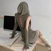 Spring Women's Hooded Dress Waste Soil Style Tie Dress Hollow Out Hip Wrap Sexy Tight-fitting Solid Colour Slim Fit Casual