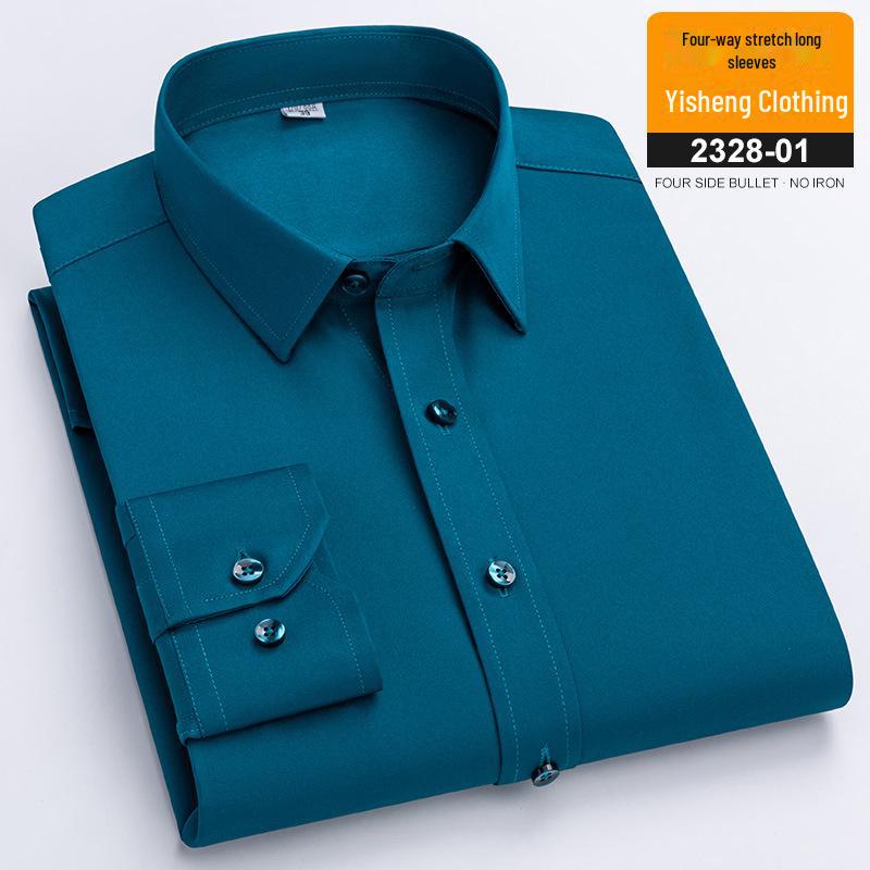 2023 Мужская универсальная эластичная рубашка с длинными рукавами и квадратным воротником, устойчивая к морщинам, в деловом стиле