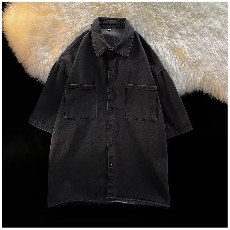 Модная японская джинсовая рубашка с коротким рукавом для мужчин - свободный крой, молодежная летняя мода