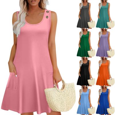 Летние платья для женщин Пляжный Бохо Без рукавов Принт Струящиеся Карманы Футболки Сарафаны