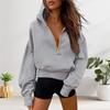 Women Short Sweatshirt Solid Color Long Sleeve Pullover Hooded Sweatshirt Loose Fit Zipper Half Placket Tops