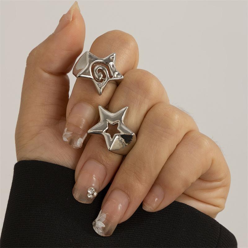 2Pcs/set Rings for Women Men Punk Five-Pointed Star Geometric Golden Silver Color Knuckle Jewelry Adjustable Ring Sets