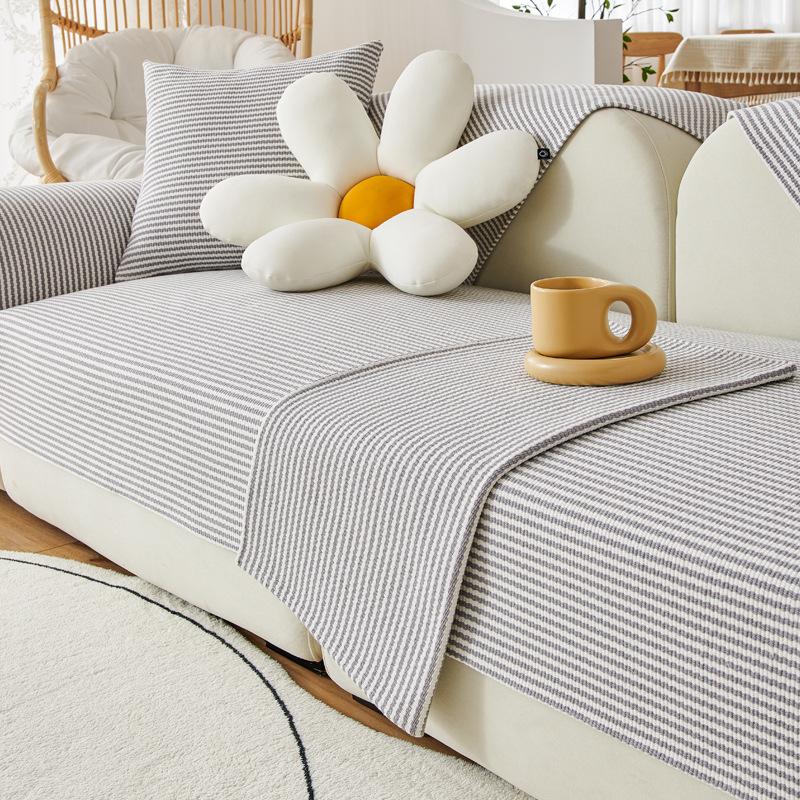 Cotton Linen, Cotton Thread, Sand Straight Strip, All Season Universal Coarse Cloth Armrest Backrest Towel, Sofa Cushion, Full Set Universal