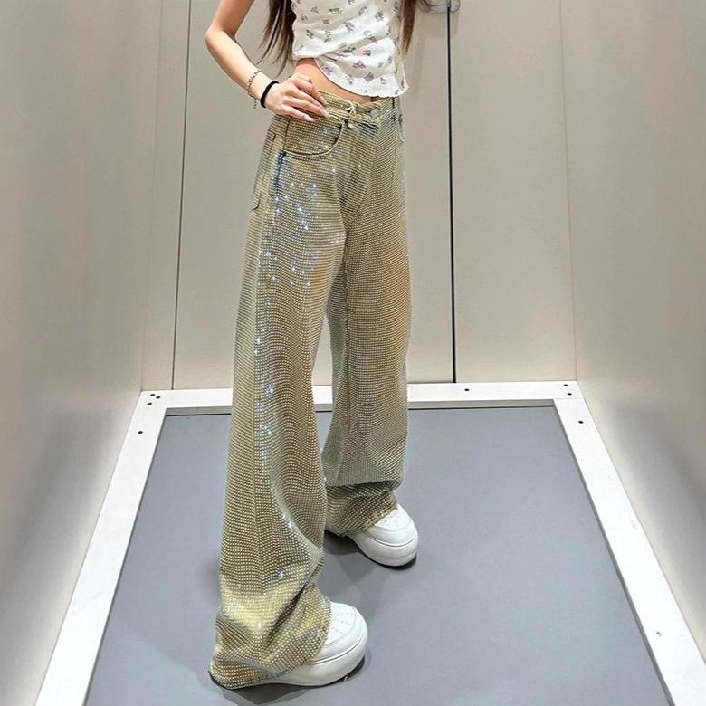 American Spice Girl Design Sense Full Diamond Jeans Women's Spring and Autumn New Personality Gypsy Star Niche Straight Pants