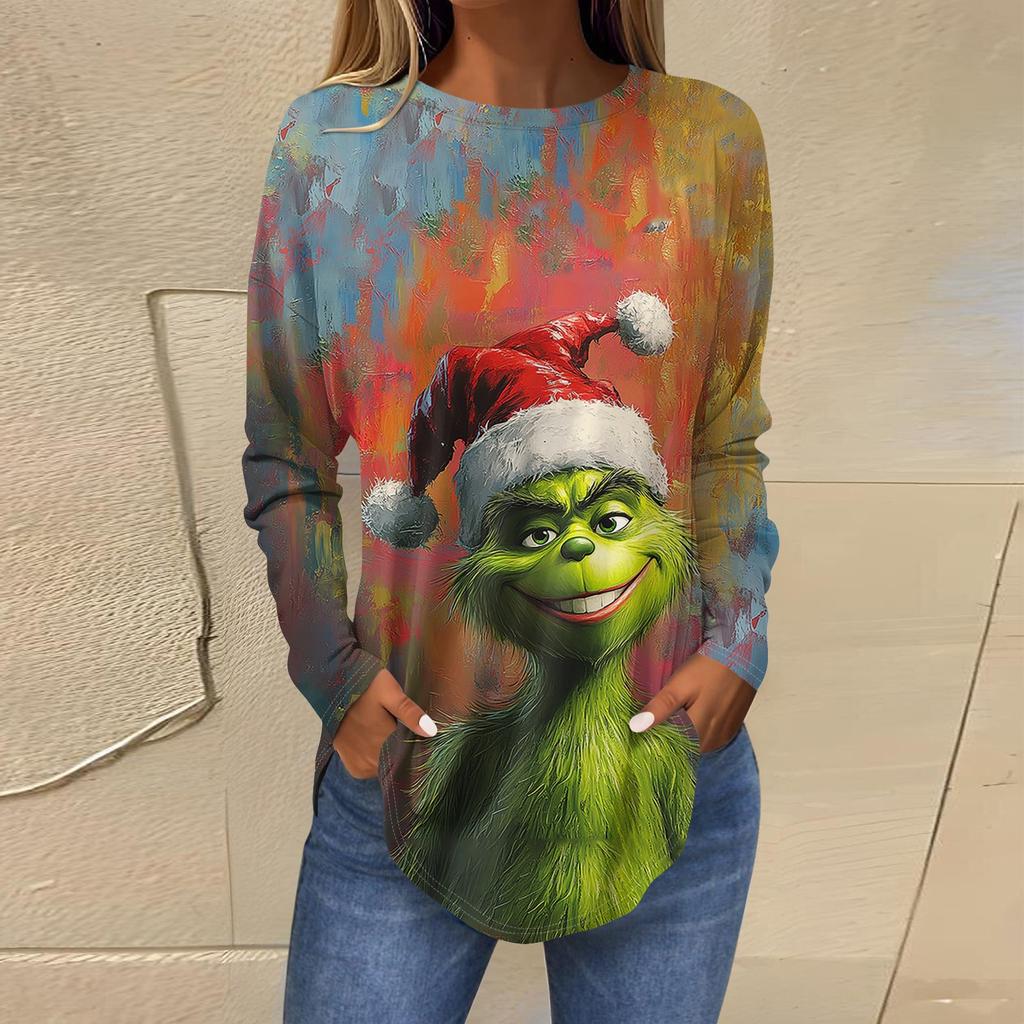 Женская свободная футболка с длинным рукавом с круглым вырезом и принтом, верхний пуловер