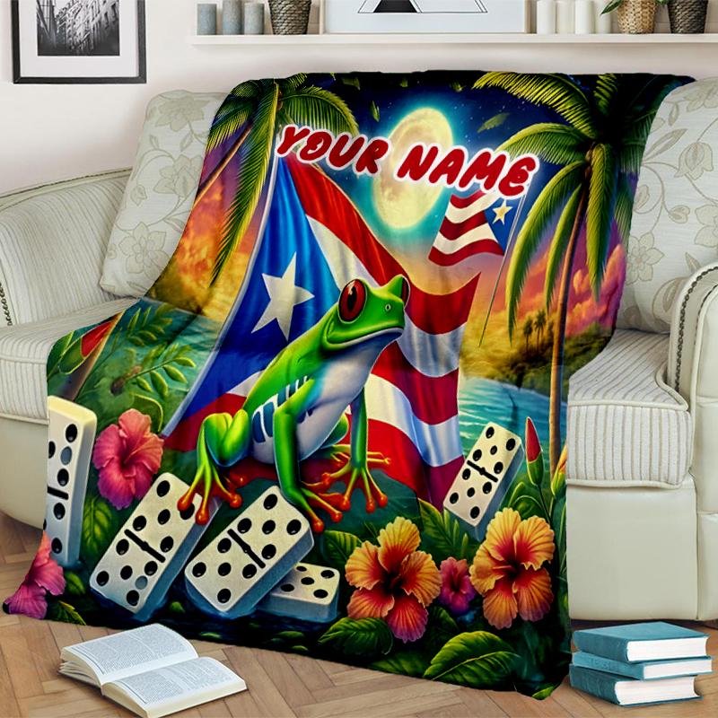 1PC Custom Name Puerto Rican Frog Dominoes outdooor Flannel blankets Throw Blanket All-Season Throw Gift Bedspread for Couch, Bed, Camping Holiday Bir