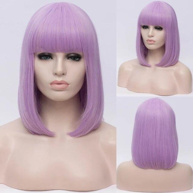 Женские синтетические прямые короткие парики «боб» с челкой, синий, золотой, красный, черный, белый, фиолетовый, зеленый, коричневый, женский парик для косплея