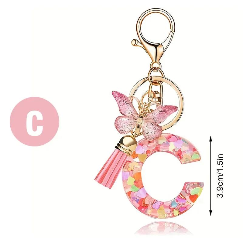 A-Z Dreamy Letters Keychain for Women Tassels Butterfly Pendant Initial Keyrings Purse Suspension Bags Car Key Chain Pink