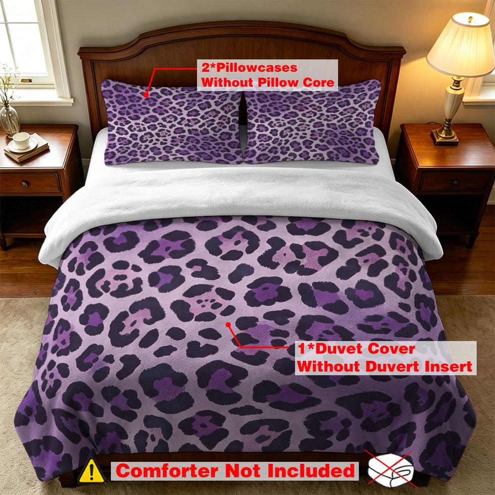 3PCS Purple Leopard Print Milk Velvet Duvet Cover Set Without Filling 1 Duvet Cover 2 Pillowcases Soft Fluffy Machine Washabl