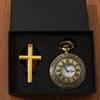 2pcs/set, Fashion Men's Retro Coppery Pocket Watch with Necklace & 1PC Mens Vintage Classic Golden Cross Necklace Pendant,ideal Choice for Gifts