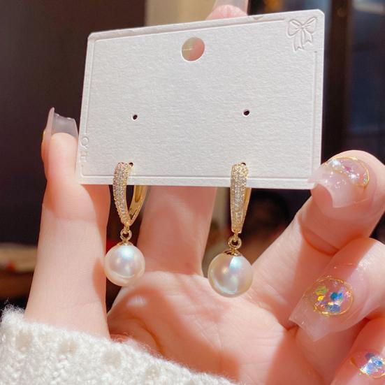 1 Pair Stud Earrings Charming Geometric Shining Rhinestone High Gloss Decorative Hypoallergenic Faux Pearl Hoop Earrings Jewelry Accessory