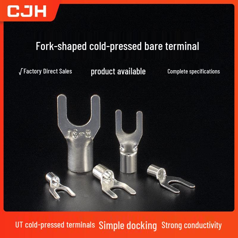 CJH UT10-6/8 Silver Plated Brass/Red Copper Fork Terminal, 500 pcs, Cold Crimp Bare Wire Copper Lug.
