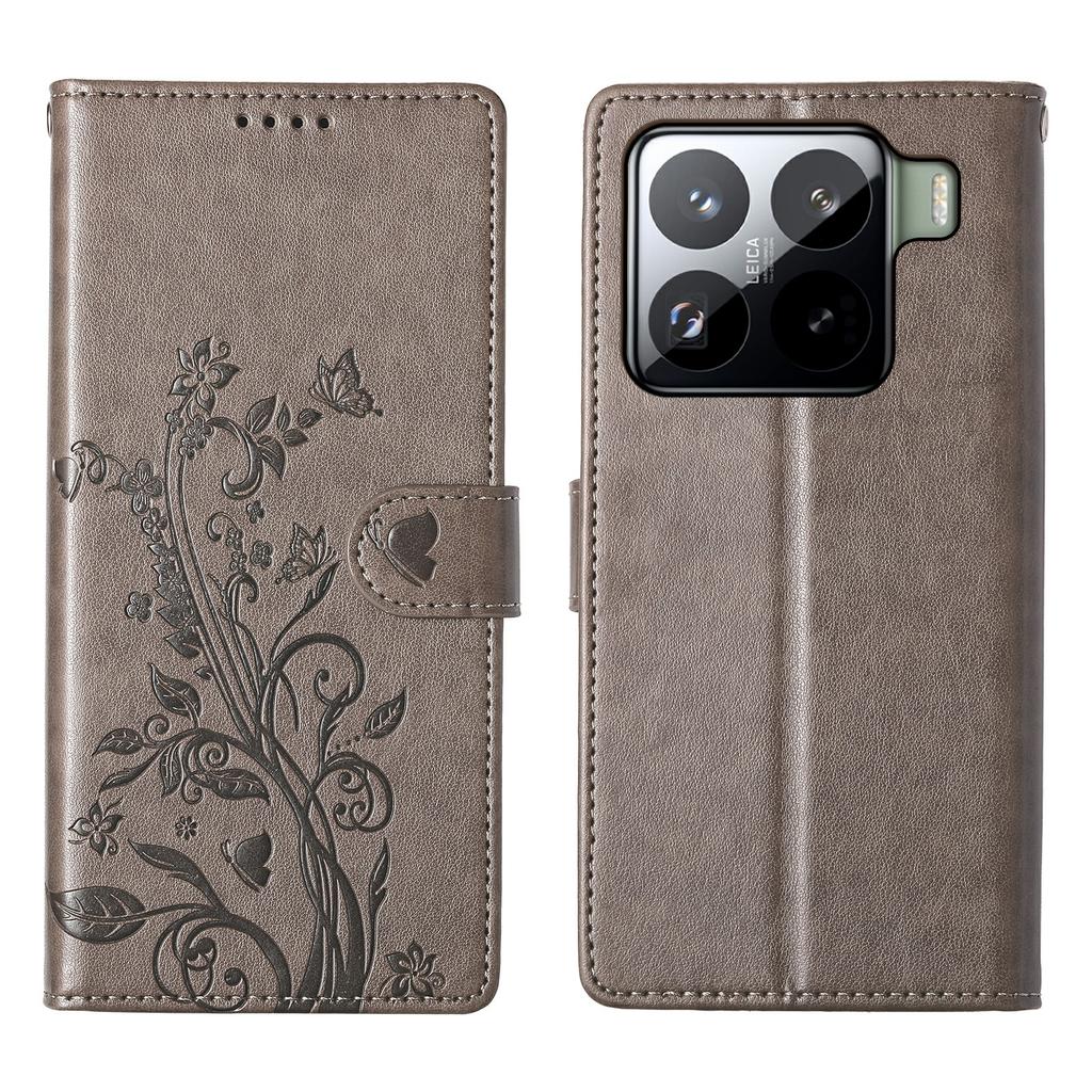 For Xiaomi 15 Pro Wallet Case Butterfly Floral Imprint PU Leather Phone Cover with Wrist Strap