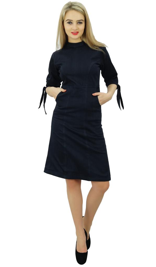 Bimba Women's Mock Neck Cotton Lycra Casual Black Shift Dress With Side