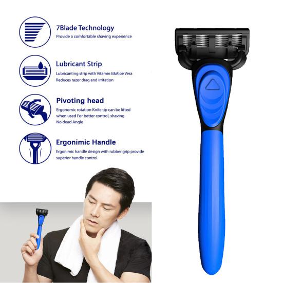 Ручная бритва с 5 сменными лезвиями, 7 слоев лезвий из нержавеющей стали, резиновая ручка, для мужчин и женщин, триммер для удаления волос и бороды, инструмент для бритья