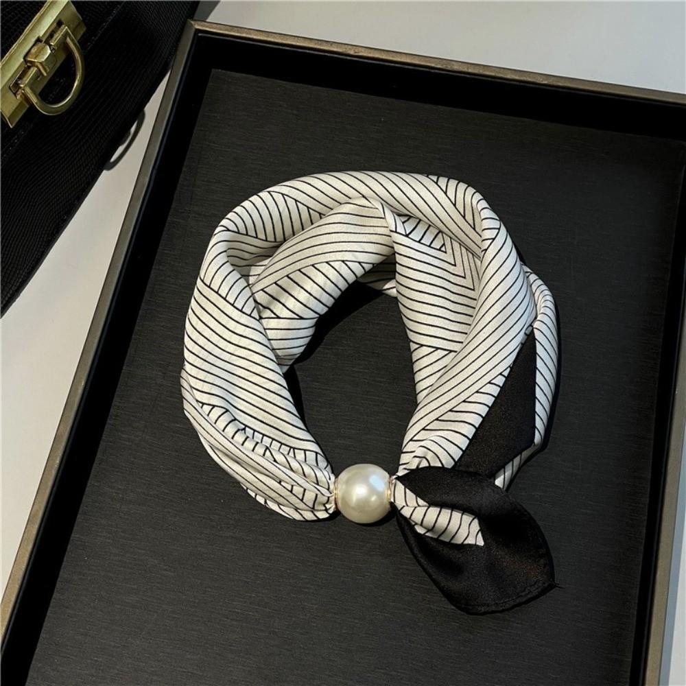 Fashion Pearl Buckle Silk Scarf Printed Soft Neck Scarf Lightweight Thin Neckerchief Women