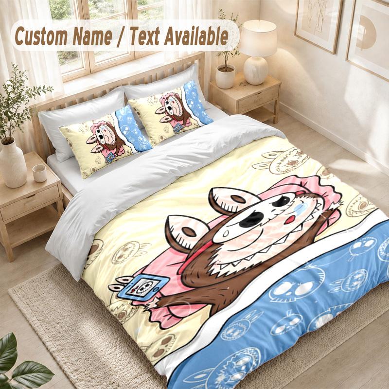 Toy Labubu Bedding Set, 1 Duvet Cover & 2 Pillowcases Soft Comfortable Bedroom Home Textile Decor
