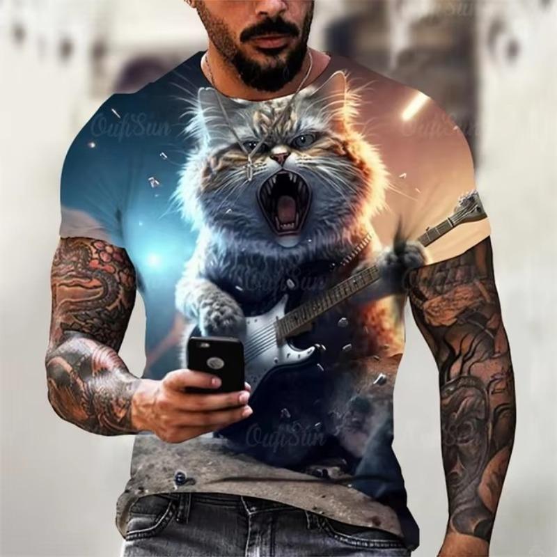 Trend Rock Guitar Cat Graphics T Shirts Summer Fashion Short Sleeve Cool 3D Animals Printed Mens T-shirts Casual Streetwear Tees
