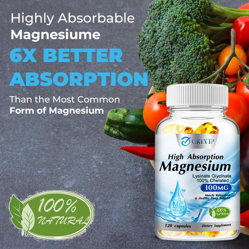 Grevip High Absorption Magnesium Lysinate Glycinate 100% Chelated Veggie Capsules 120 Count - Daily Mineral & Bone Support, Vegan Non-GMO