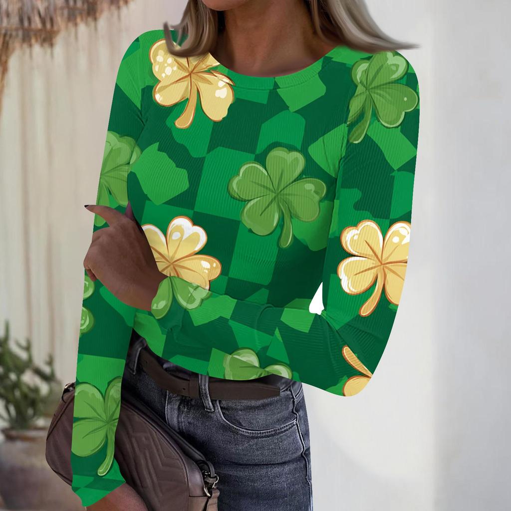 Women's Casual Fashion Round Neck St. Patrick's Day Print Long Sleeve Ribbed Top