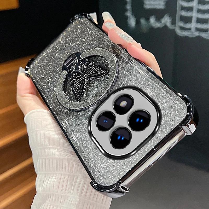 Чехол силиконовый с блестками и бабочкой-подставкой с градиентным покрытием для Xiaomi Redmi Note 14 Pro Plus, противоударный чехол для Mi Poco X7