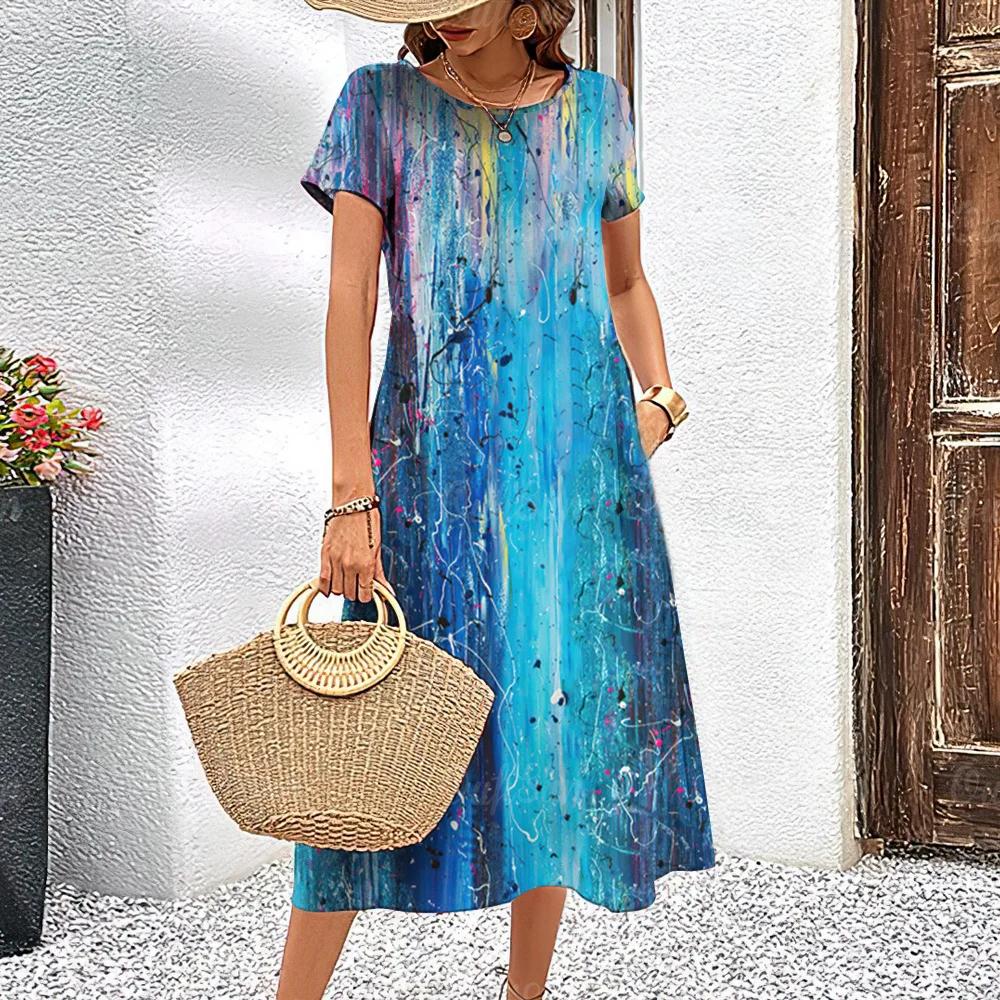 Летние платья с короткими рукавами, стильная женская одежда с контрастными цветами, длинное платье с принтом 3D Tie-Dye, женская одежда, свободный свитер с круглым вырезом