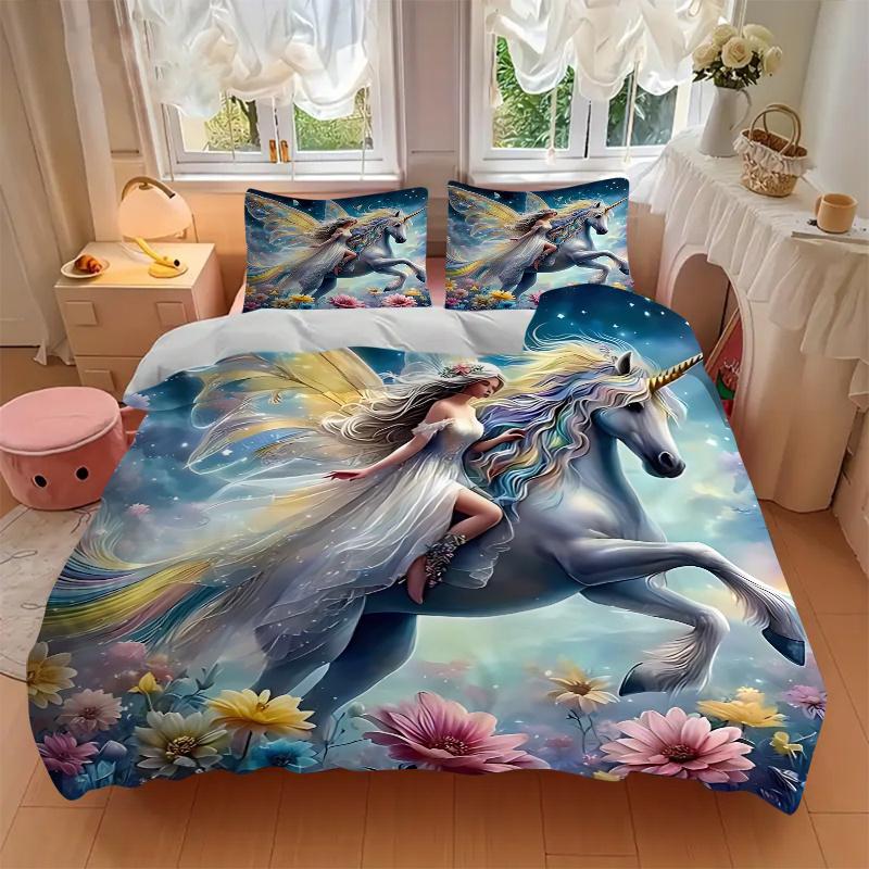 3pcs Fantasy Unicorn Fairy Bedding Set - Includes One Quilt Cover and Two Pillowcases (No Core) - Anime Cartoon Design, Perfect for Bedroom and Guest
