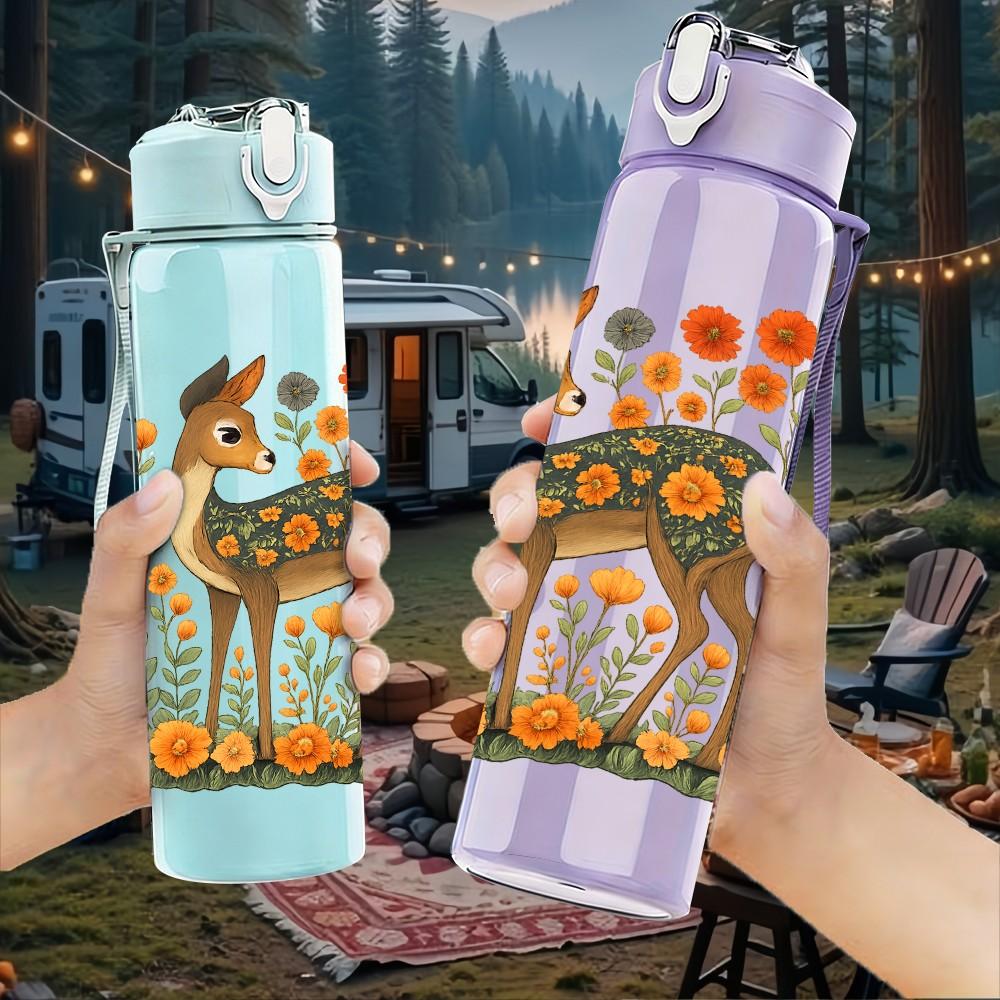 1PC Floral Deer Illustration 750ml Color Plastic Sports Water Bottle Leakproof Flip Straw Lid Suitable for Sports Office Home Use