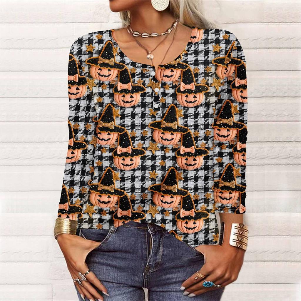 Long Sleeve Shirts For Women Halloween Pattern Print Graphic Tees Blouses Casual Plus Size Basic Tops Pullover