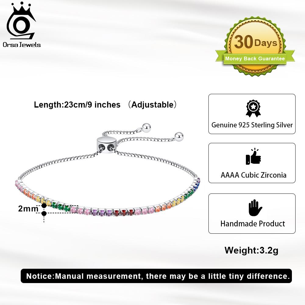 ORSA JEWELS Регулируемый теннисный браслет из стерлингового серебра 925 пробы, 2 мм, разноцветный, для женщин, браслет-цепочка с цирконием, украшение SB150