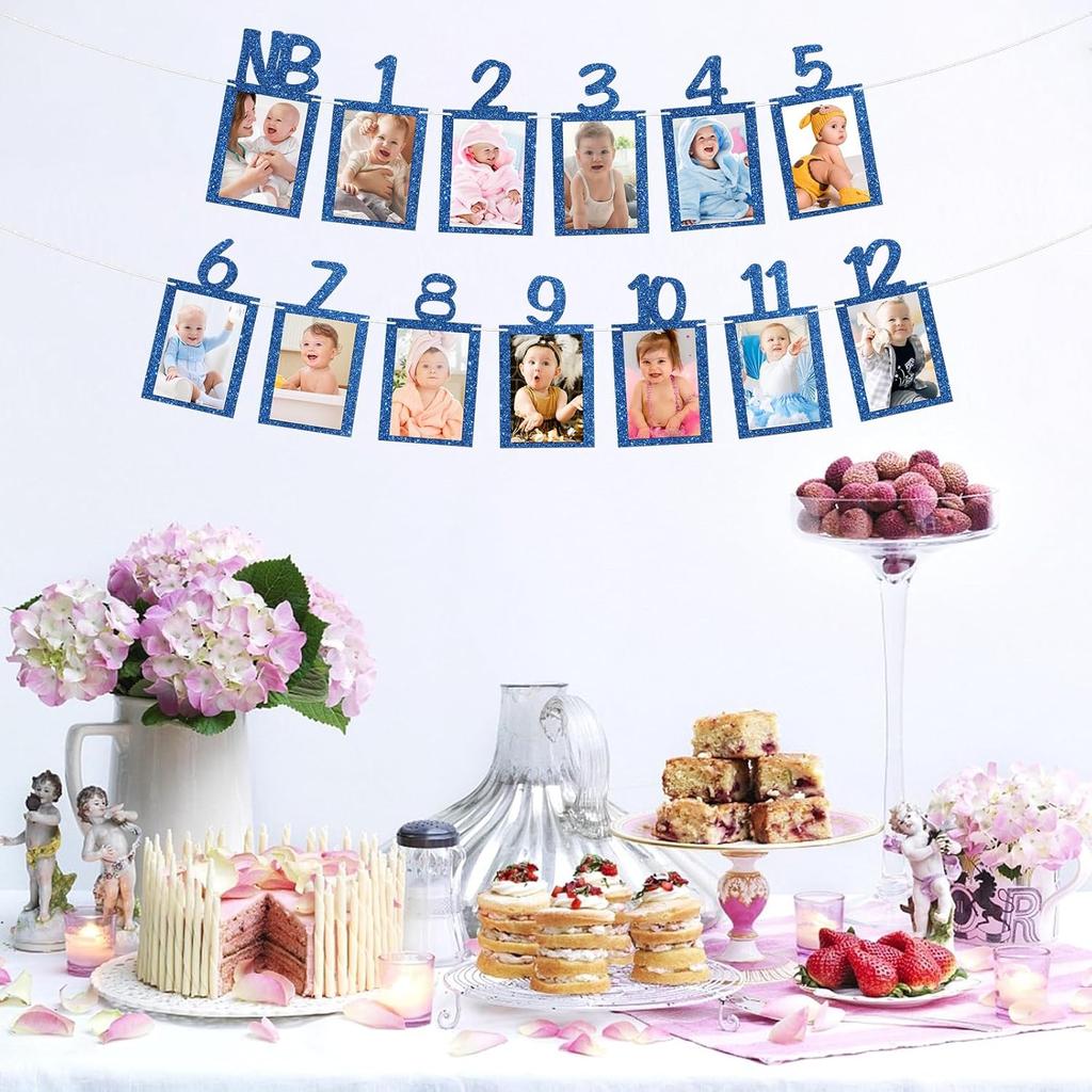 1st Birthday Photo Banner Boys Newborn to 12 Months Birthday Paper Photo Frame Monthly Milestone Bunting Decorations Baby 1st Bday Picture Banner