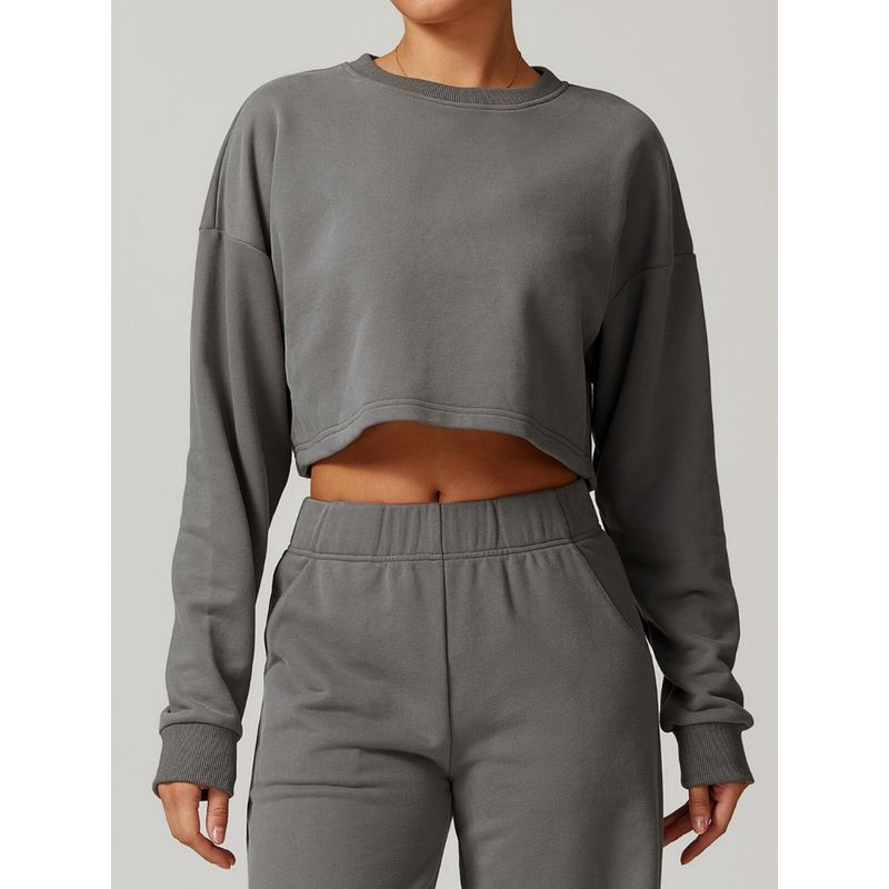 Fashion New Arrival Autumn Crew Neck Sports Sweatshirt Women's Running Loose Long Sleeves T-shirt Loose Fitness Short Top Slit