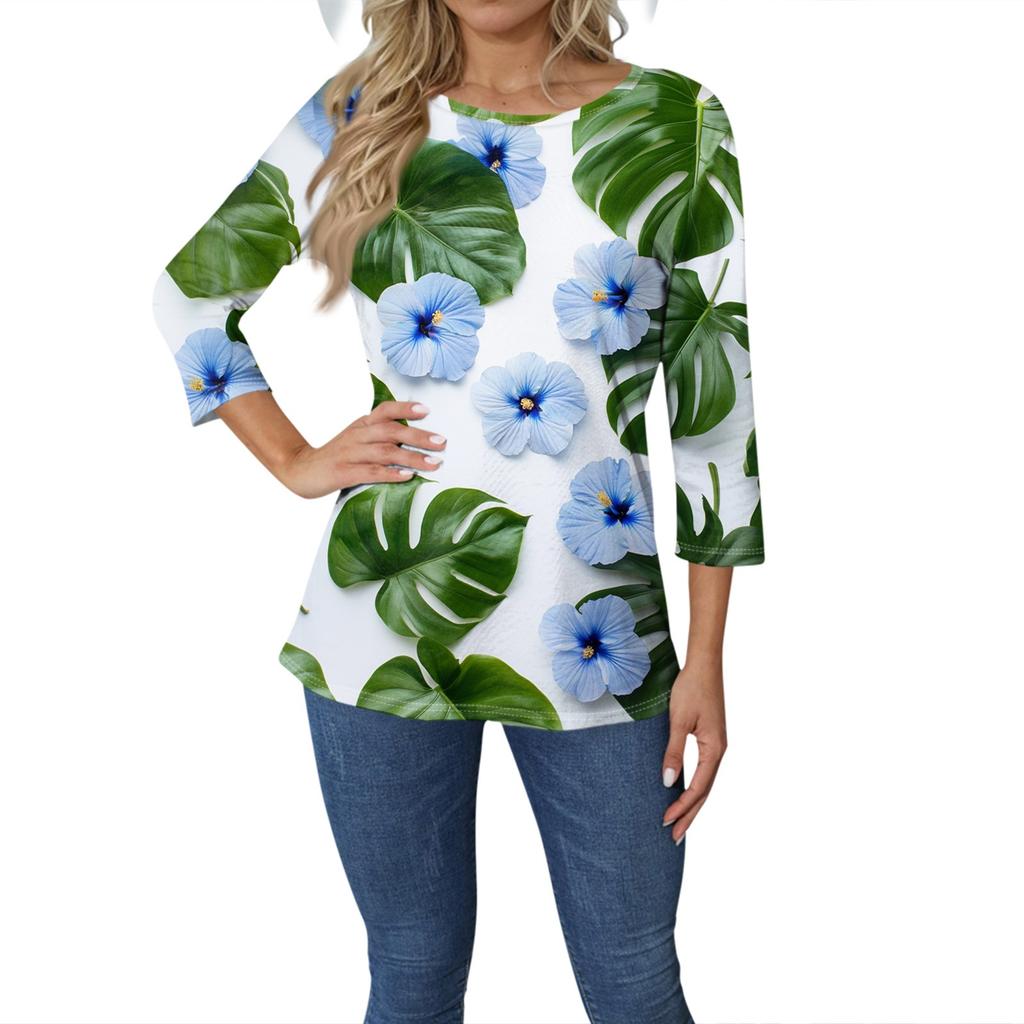 Женская модная повседневная футболка с круглым вырезом и рукавом 3/4, женский топ