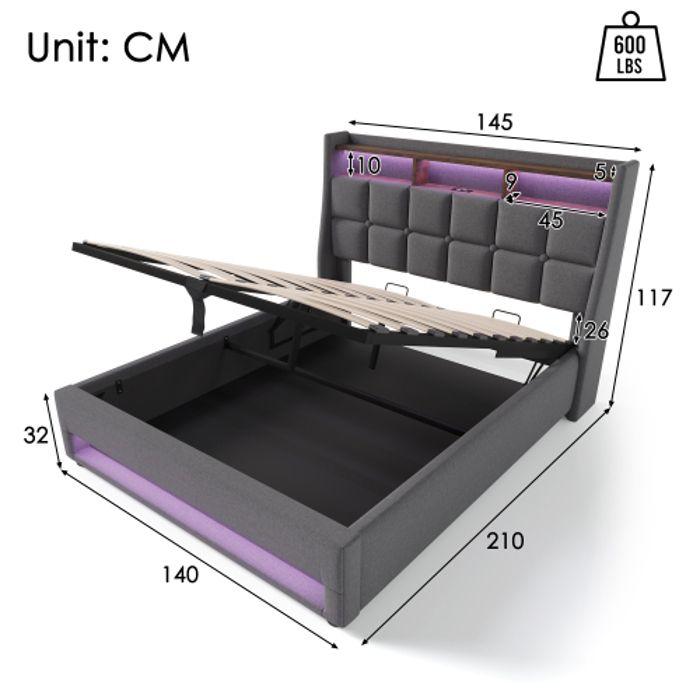 Двуспальная кровать - MUVOE - 140x200 см - С обивкой и USB - Светодиодная подсветка - Винтажный дизайн